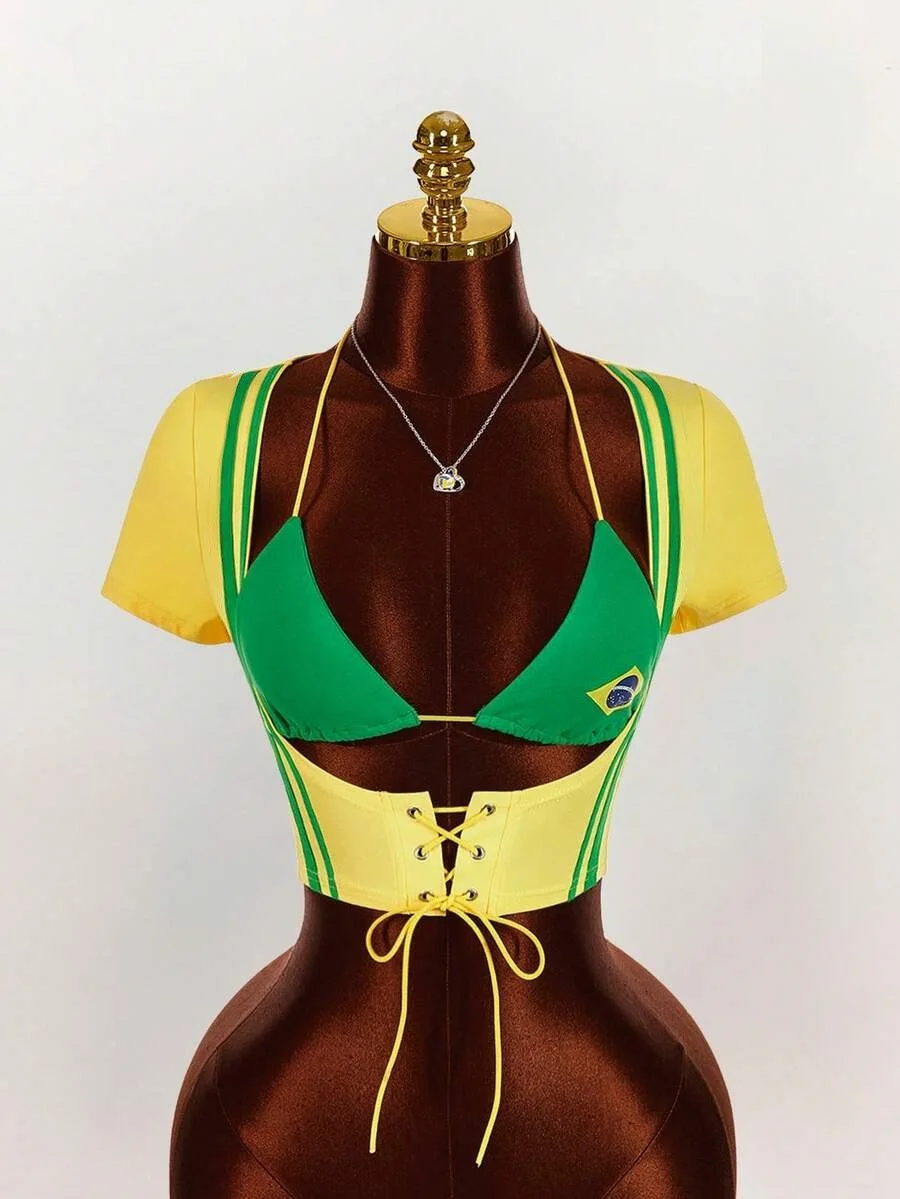 Brazil Flag Print 3 Piece Outfit Halter Bikini Top Lace Up Corset Short Sleeve Shrug Y2K Party Set