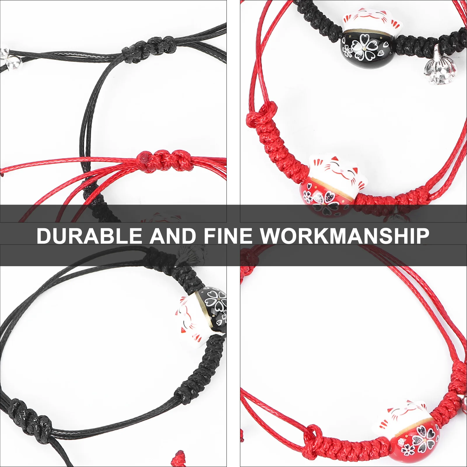 

2Pcs Cat Lucky Bracelet Handmade Woven Wrist Ornament Creative Ceramic Jewelry Stylish Hand Chain Hand-Woven Bracelet