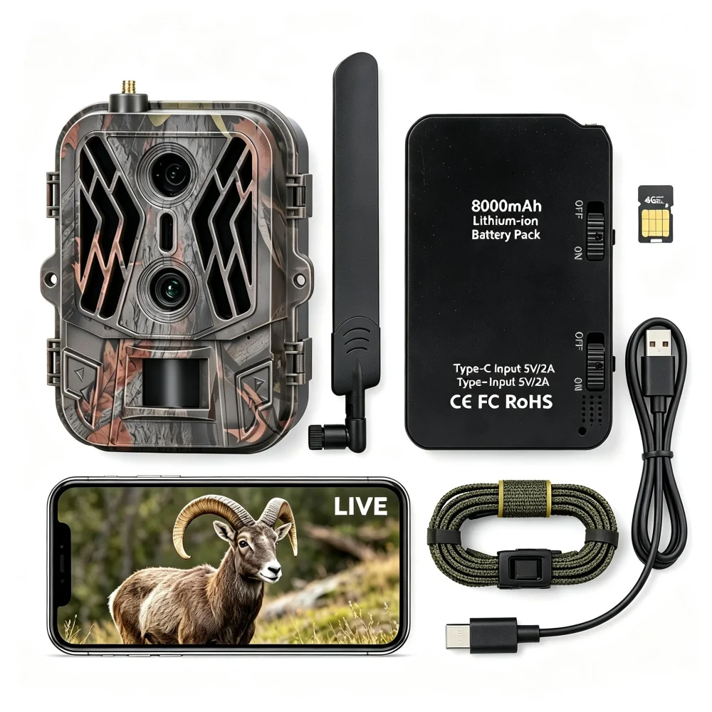4G 120MP 4K 8000mAh LI Battery Outdoor Night Vision Dual-Lens Hunting Camera App Control Optional Live Streaming/Cloud/Email/FTP