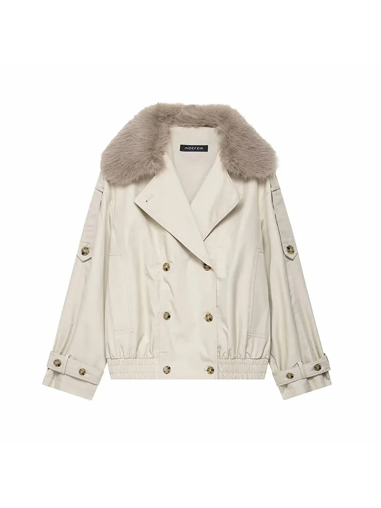 

Women's Fashion 2025 Winter New Double-Breasted Short Windbreaker Jacket Turn-down Fur Collar Long Sleeve Coat Windbreaker