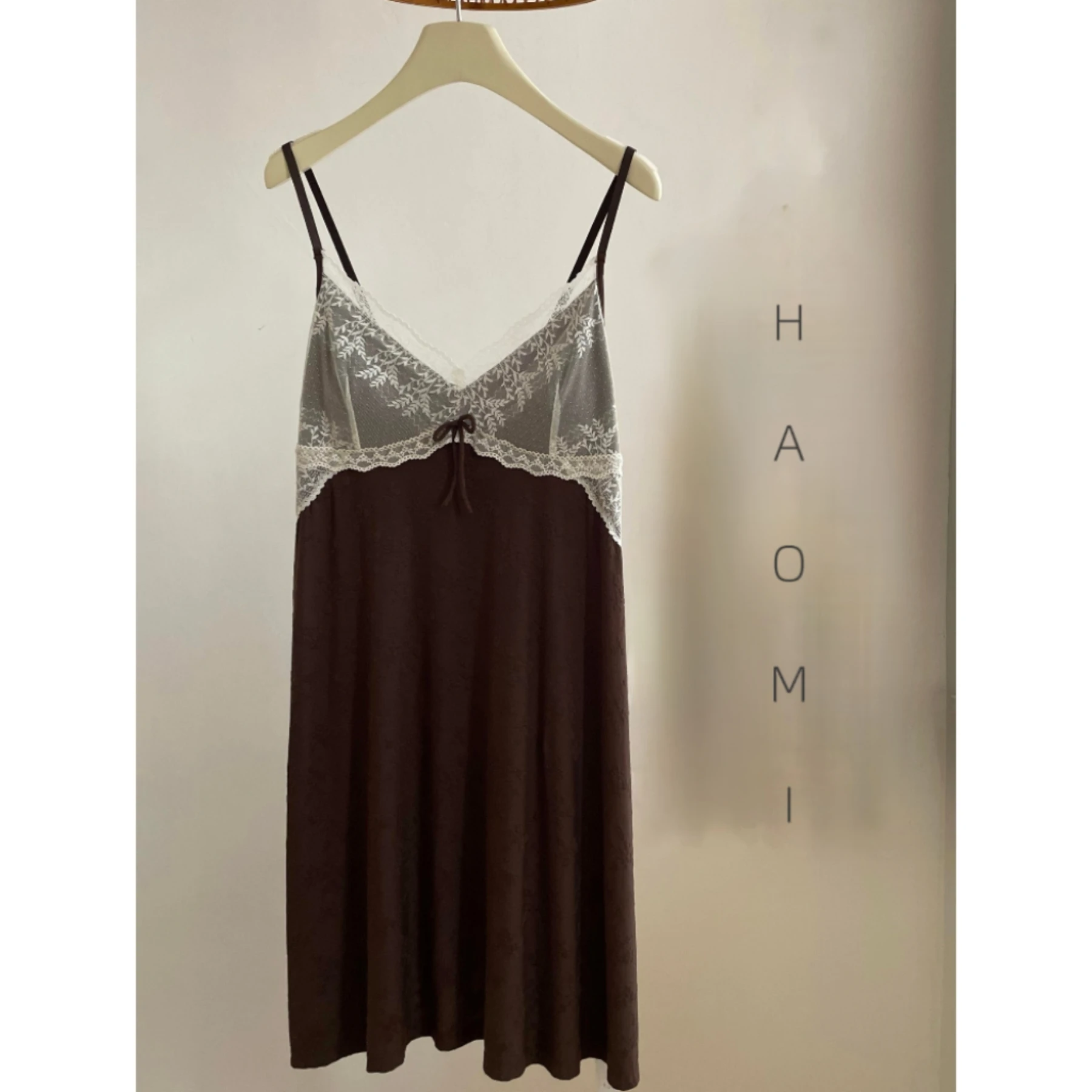 comfortable-summer-modal-gown-with-lace-trim-strap-nightgown-girl-style-home-dress-naked-sleep-dress-medium-length-v-neck