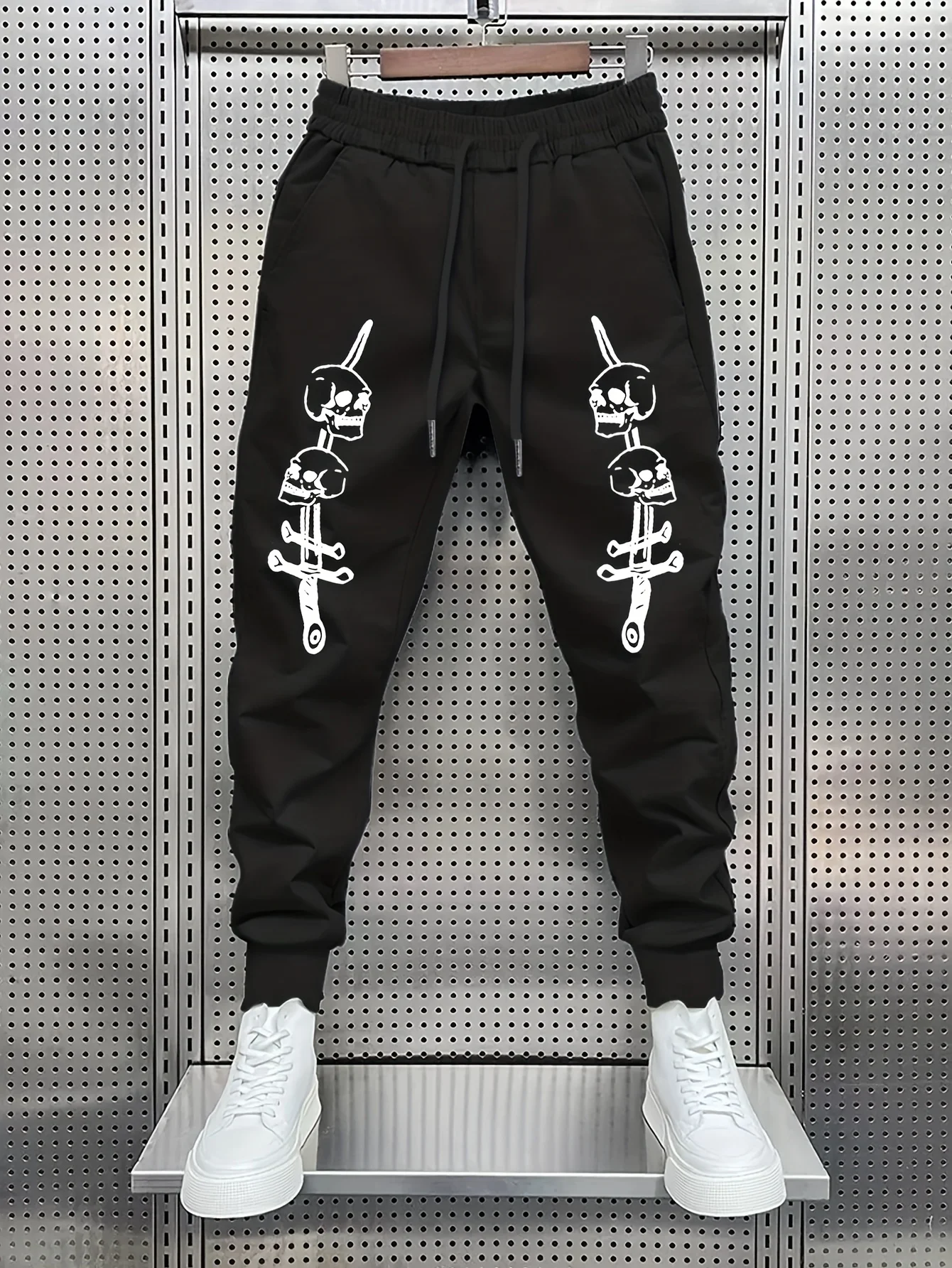 Unisex Punk Gothic Street Jogger Pants Grey Skull Sword Symmetric Legs Print Drawstring Waist Cuffed Ankle Casual Sweat Trousers