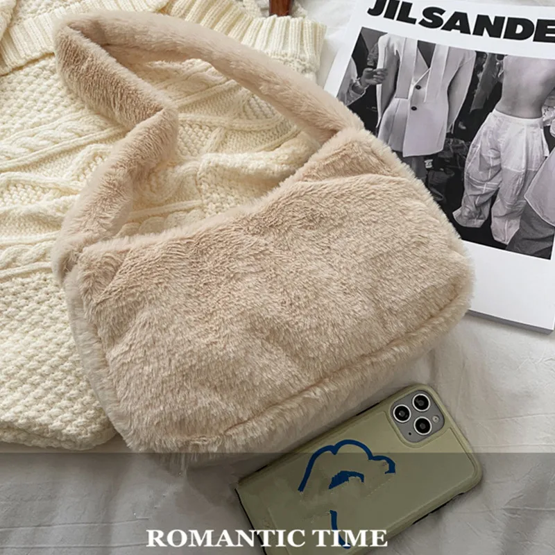 Simple Design Women Soft Plush Hobos Shoulder Bags Winter Furry Ladies Clutch Purse Handbag Fashion Female Underarm Bag