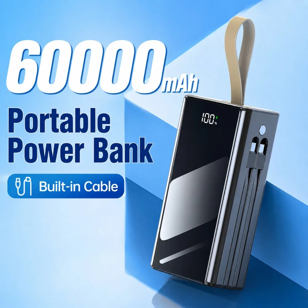 Portable Charger Power Bank 60000mAh, Built‑in Cable Fast Charging with LED Light, Outdoor Battery for iPhone Samsung Xiaomi