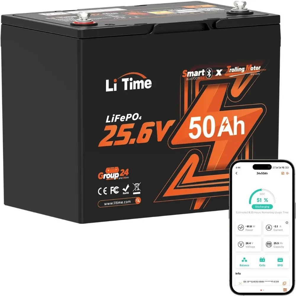 

Аккумулятор LiFePO4 глубокого цикла 24 В, 50 Ач, Bluetooth 5.0, защита от низкой температуры, встроенная BMS 50 А, 4000–15000 циклов