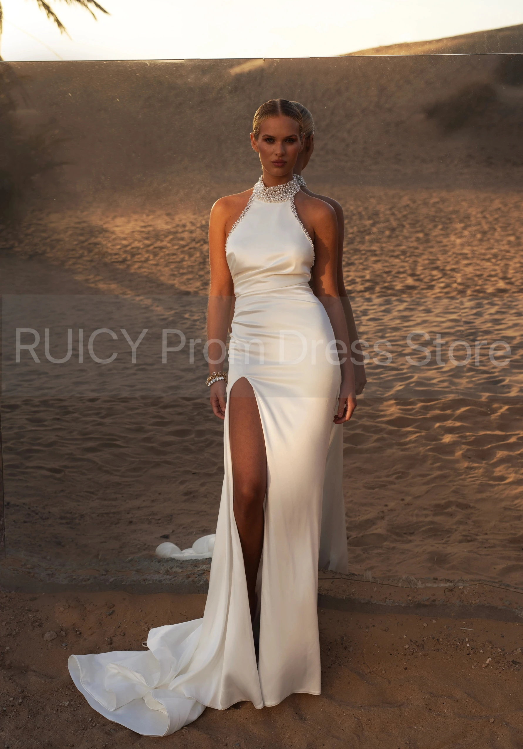 Sexy Backless Trouwjurken Zeemeermin Luxe 2025, Halter Satijn Parels Bruidsjurk Voor Bruid Feestjurk Met Split robe de mariée