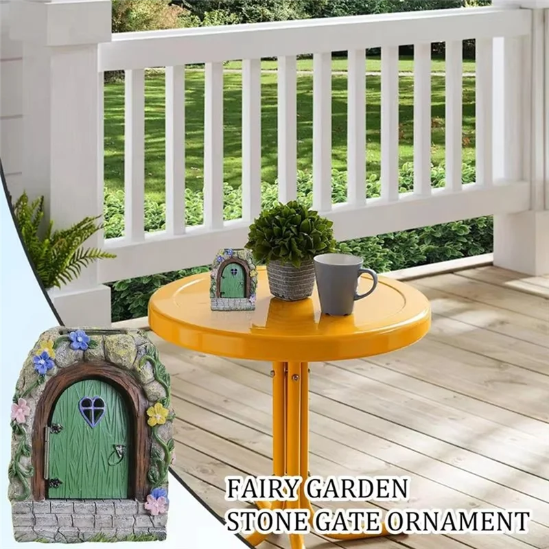 AF90-Porta da giardino fatata Cancello da giardino fatato per esterni Miniature di alberi in resina con gradini e porta aperta Casa illuminata mistica