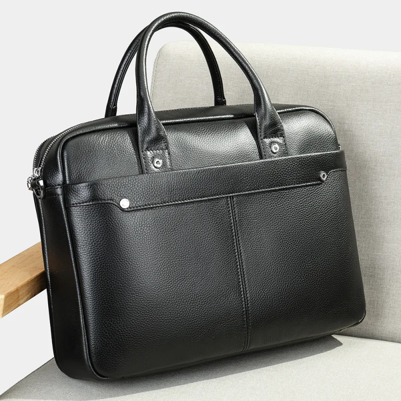 

Cross-border first-layer cowhide briefcase, casual business men's bag, genuine leather crossbody bag, horizontal black laptop ha
