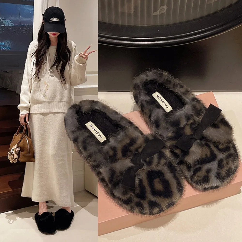 Leopard Pattern Plush Winter Flat Slippers Women Bowknot Soft Sole Fuzzy House Shoes Woman Warm Faux Fur Slip on Mueller Slides