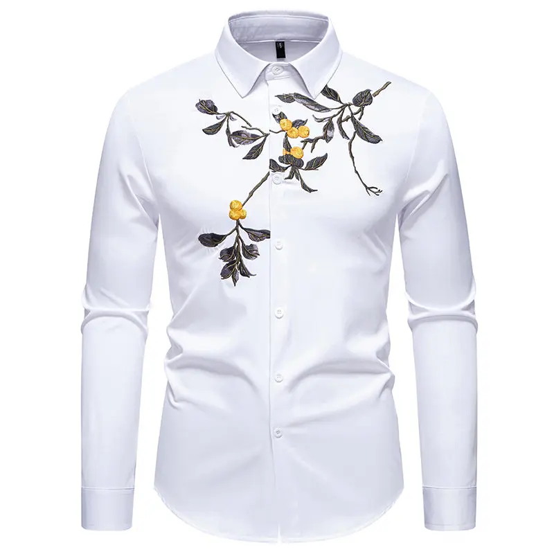 Men's Long Sleeve Shirt with Leaf and Berry Embroidery, Notch Lapel Casual Streetwear Shirt Unique Nature Themed Embroidered Top