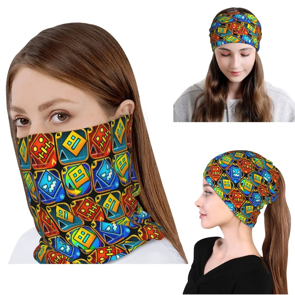 

Video Game Geometry Dash Bandana Neck Gaiter Face Scarf Multifunction Headwear Beanies Hat for Men Women Adult All Season