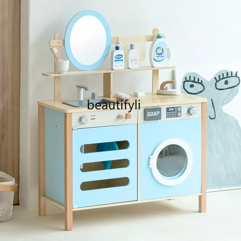 Wooden children's dressing, washstand, sink, mini washing machine, disinfection cabinet, ironing, playing house toys