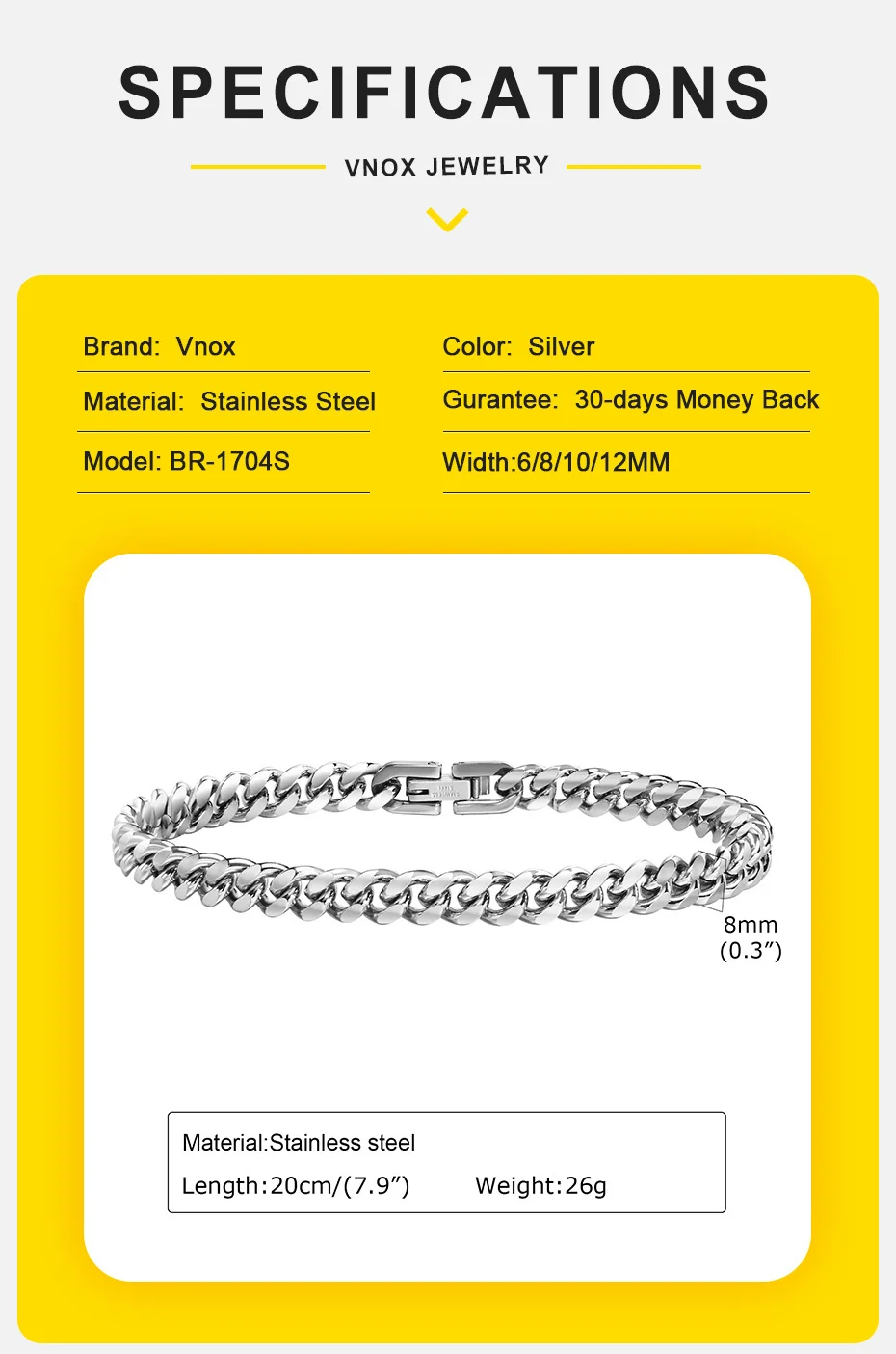 Vnox 6//12mm kubanische Ketten armbänder für Männer Frauen, massiver Edelstahl Bordstein kette Armband Schmuck – Detail 4