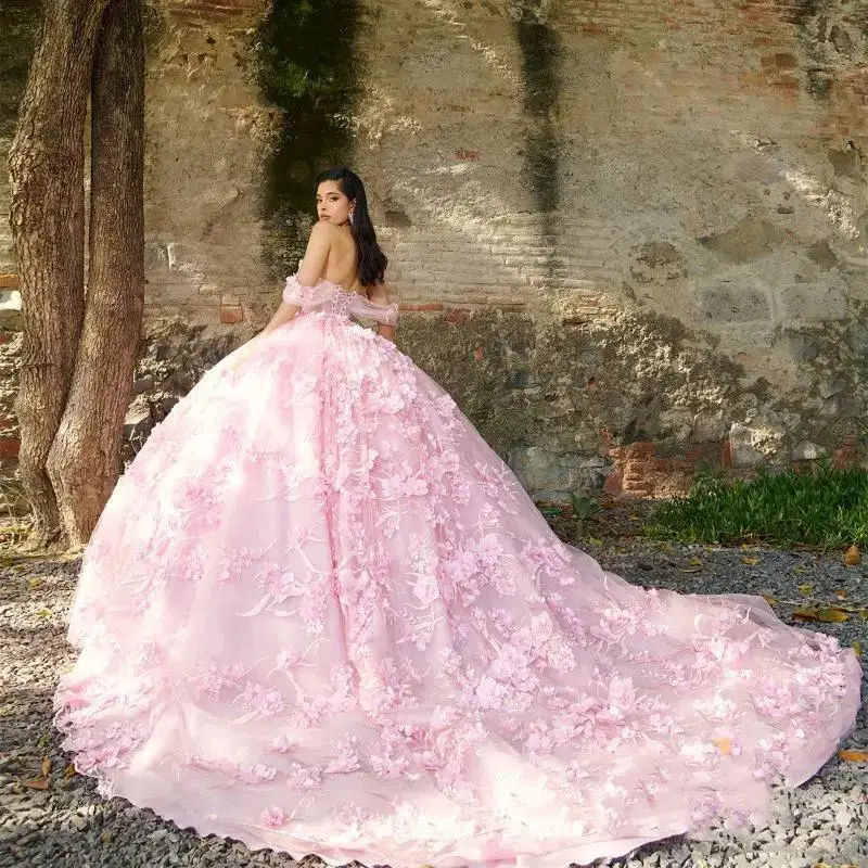 

Pink Sweetheart Quinceanera Dress Beading Appliques 3D Flower Appliques Sweet 16 Mexican Vestidos