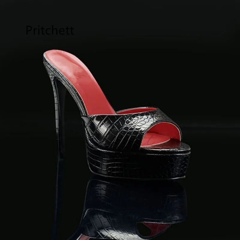 

Open Toe Platform High Heeled Slippers for Women Stiletto Mules Sexy Leather Pull On Fashion Summer Wedding Outside Shoes