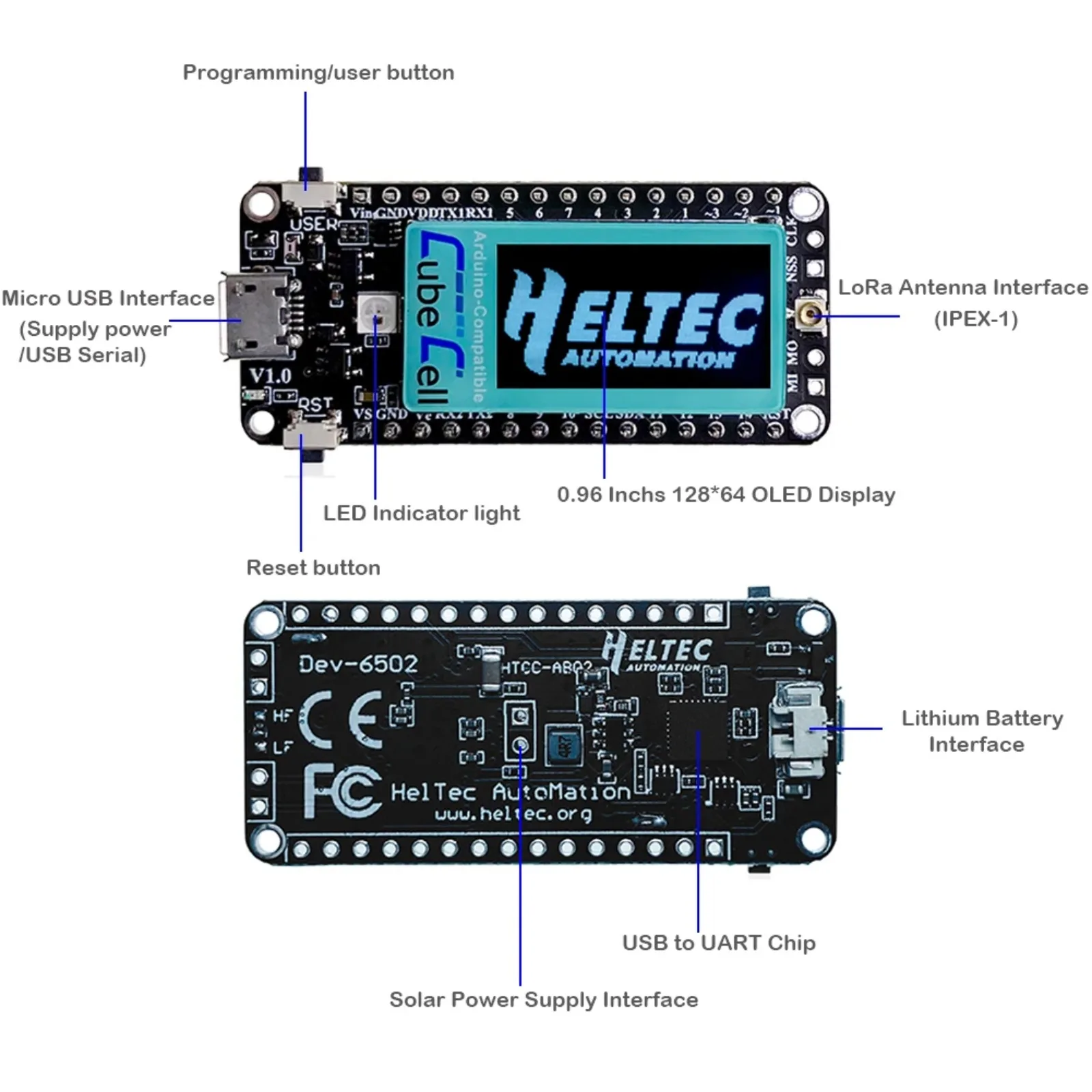 HTCC-AB02 scheda di sviluppo CubeCell con display OLED da 0.96 pollici ASR6502 SX1262 integrato per Arduino LoRaWAN (868/915MHz)