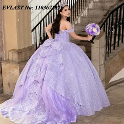 EVLAST Customized Lilac Quinnceanera Dress Ball Gown Lace Applique Beading Bow Mexican Corset Sweet 16 Vestidos De 15 Anos SQ558