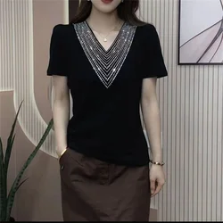 2024 Summer New Vintage Casual Thin Solid T-shirt Women's V-neck Diamond Fashion Korean Temperament Simple Slim Short Sleeve Top