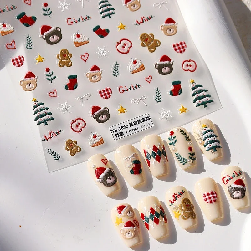 Winter Bear Christmas Tree Cake Apple Bowknot Star Heart Sock Flower Santa Crystal Ball Star Nail Art Sticker for Manicure Decal