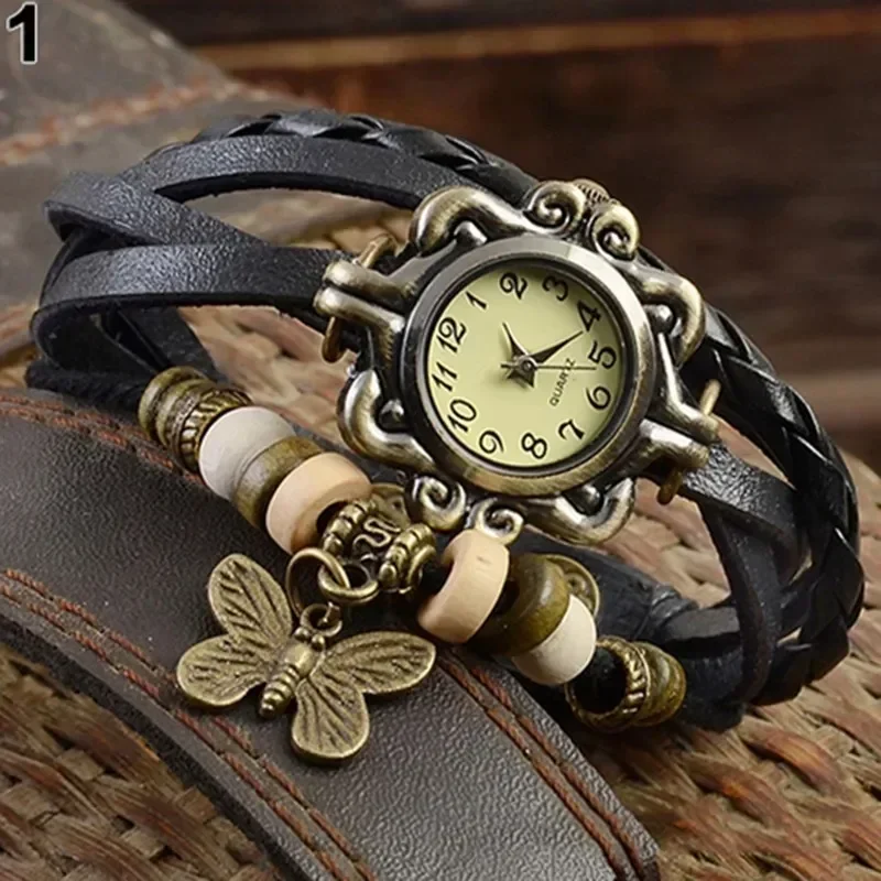 Women Fashion Leather Vintage Quartz Watch Multi Layer Handmade Bracelet Wristwatches Adjustable Length Couple Watch Accessories