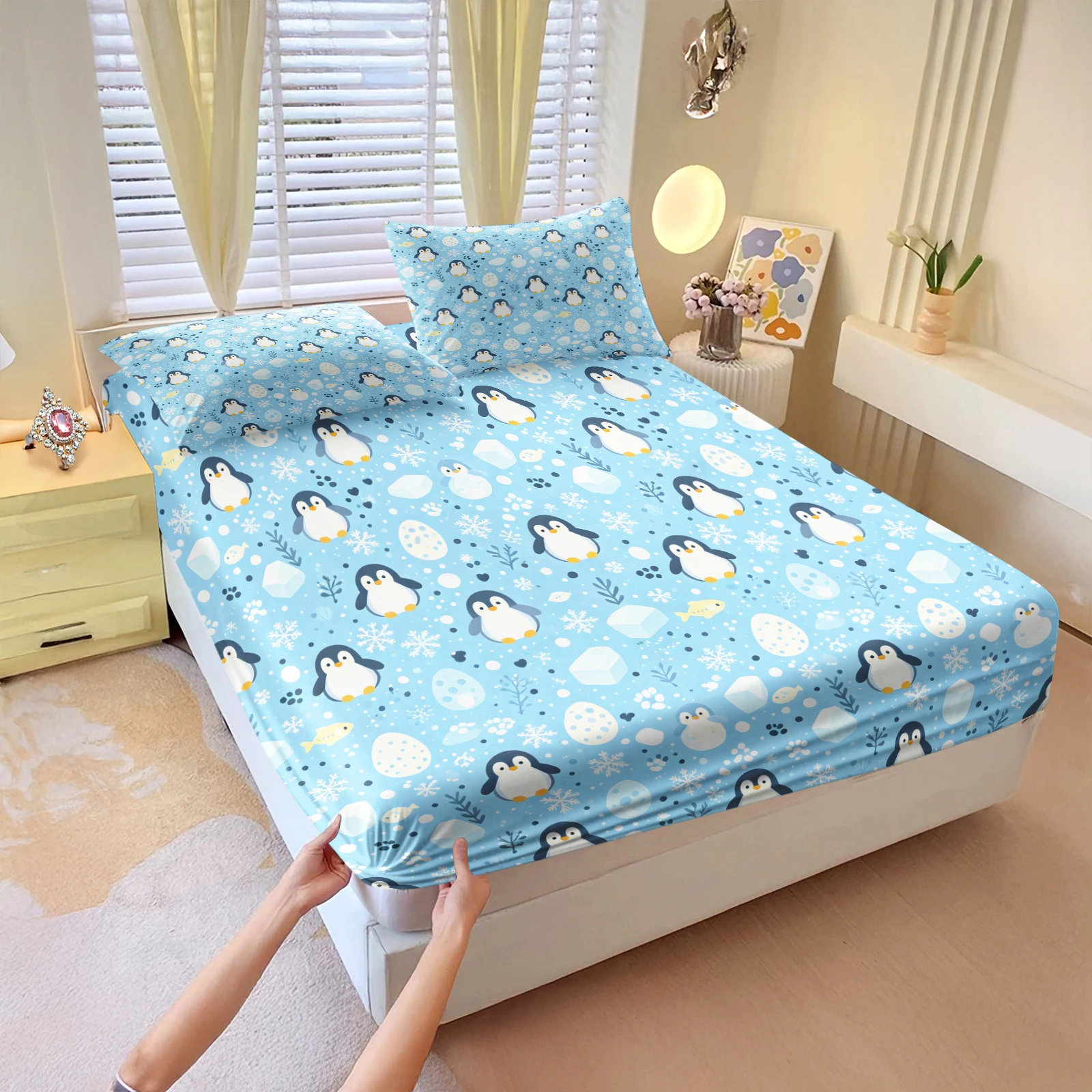 Light Blue Cute Penguin Fitted Sheet Set Cartoon Ice Snow Fish Print Deep Pocket Elastic Mattress Cover with Pillowcases Bedding