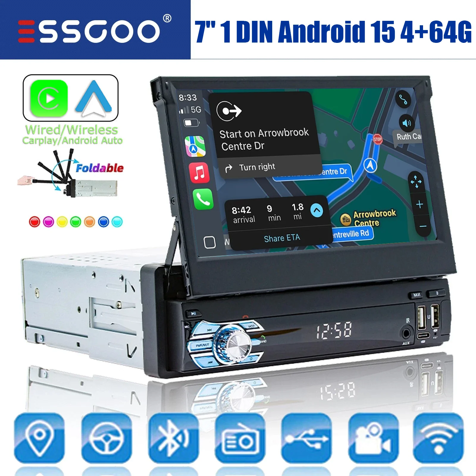 ESSGOO 7 "أندرويد 15 4 + 64G شاشة لمس قابلة للطي CarplayA أندرويد أوتو 1 DIN ستيريو سيارة عالمي GPS Navi BT FM WiFi USB Type C