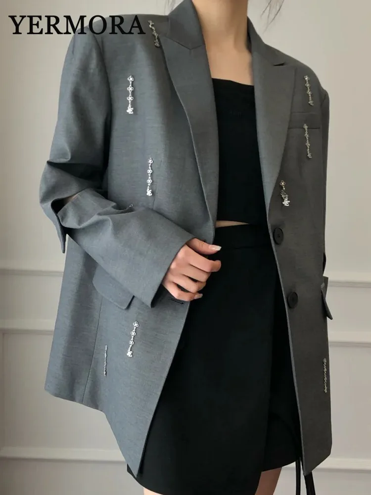 YERMORA Gray Rhinestone Tassel Blazer For Women Lapel Hollow Out Long Sleeve Fashion Loose Fit Jacket Spring Autumn 2024 New A66