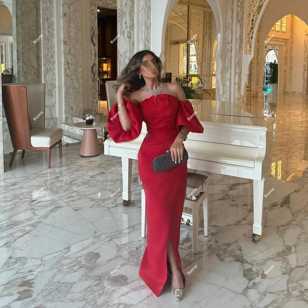 Booma Red Mermaid Evening Dresses Off Shoulder Puff Sleeves Satin Formal Party Gowns for Women Slit Simple Prom Dress