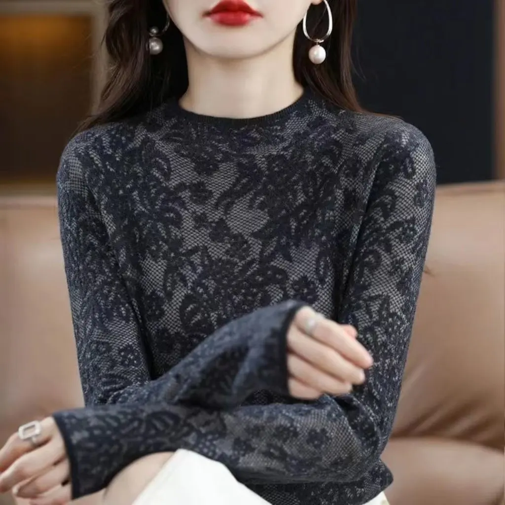 

Women's Lace Hollow-Out Knit Sweater Thin Style Half-Turtleneck Pullover Base Layer Top for Spring Autumn New