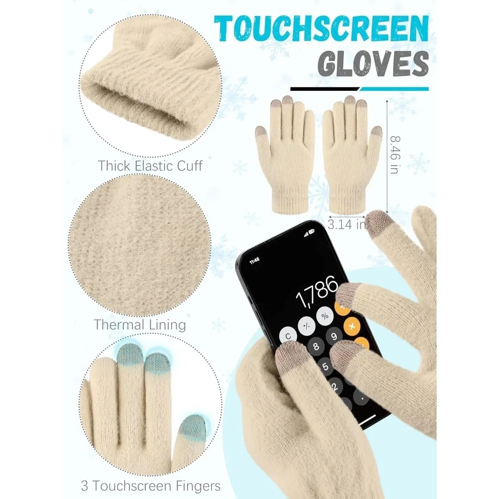 الشتاء قبعة قبعة وشاح قفازات، الدافئة الصوف متماسكة قبعة وشاح طويل الرقبة أدفأ شاشة تعمل باللمس قفازات الشتاء مجموعة هدايا للنساء