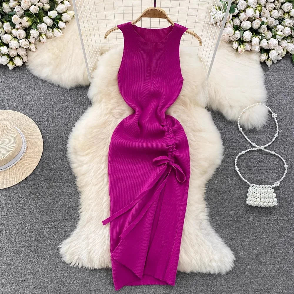 

Sleeveless Drawstring Split Knit Dress Sexy Party Elegant Vestidos Korean Fashion Chic Summer Elastic Slim Women Dress