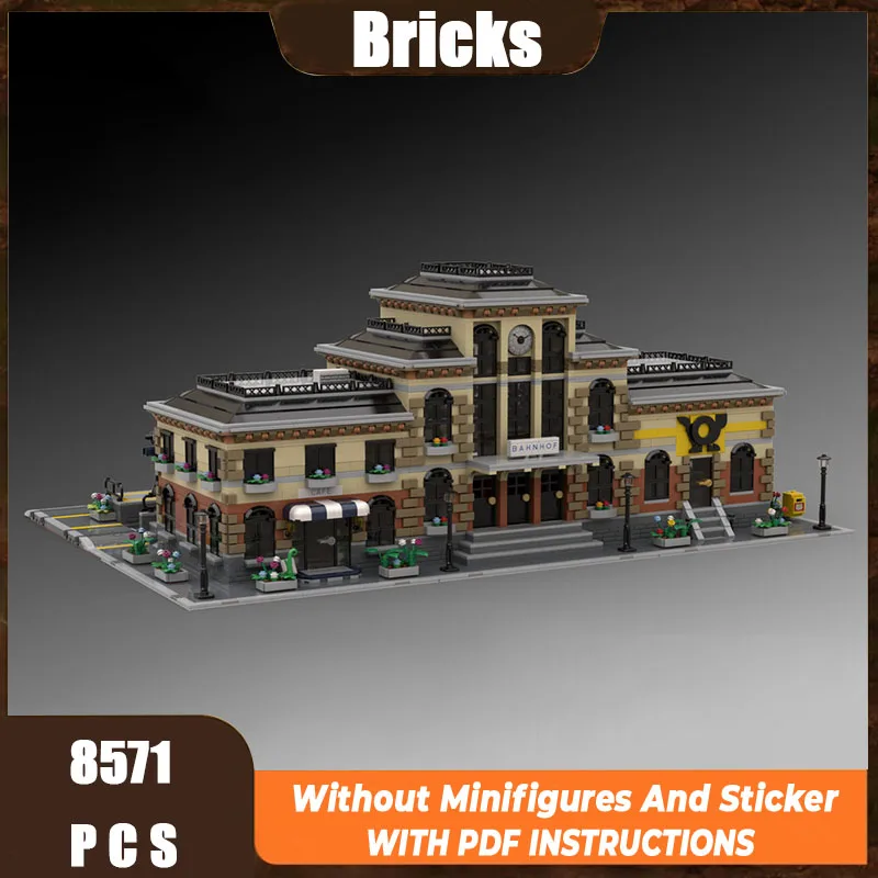 

Новый MOC, модель строительного блока, вид на улицу, архитектура, немецкая железнодорожная станция, модульная детская игрушка, подарок, набор для сборки «сделай сам»
