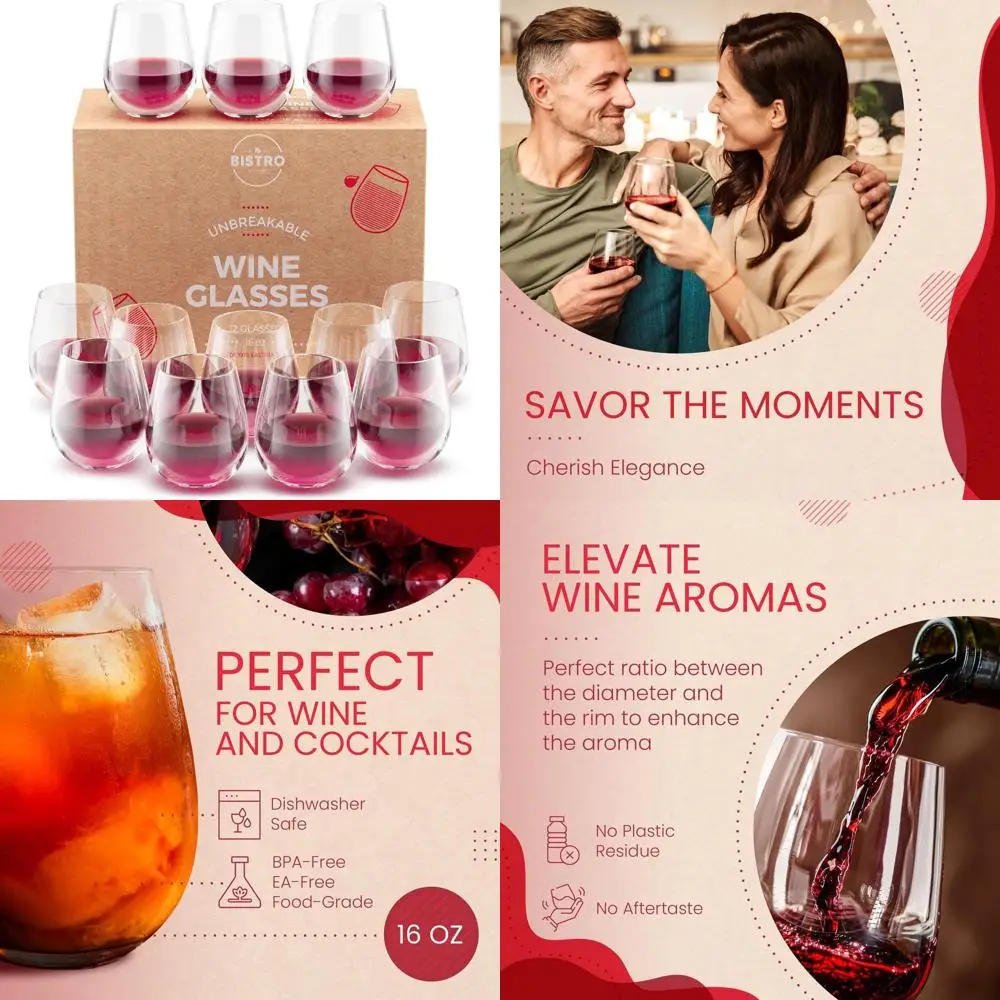 

Небьющиеся пластиковые бокалы для вина из тритана, набор из 12–16 унций, можно мыть в посудомоечной машине, стаканы для питья без ножки для ежедневного использования