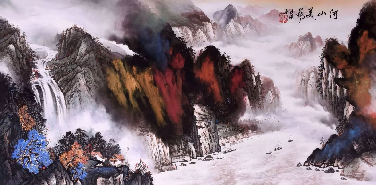 ORIGINAL ASIAN ART CHINESE PAINTING Mountains view&boat Art Picture Print Silk Poster Living Room Decor Home Wall