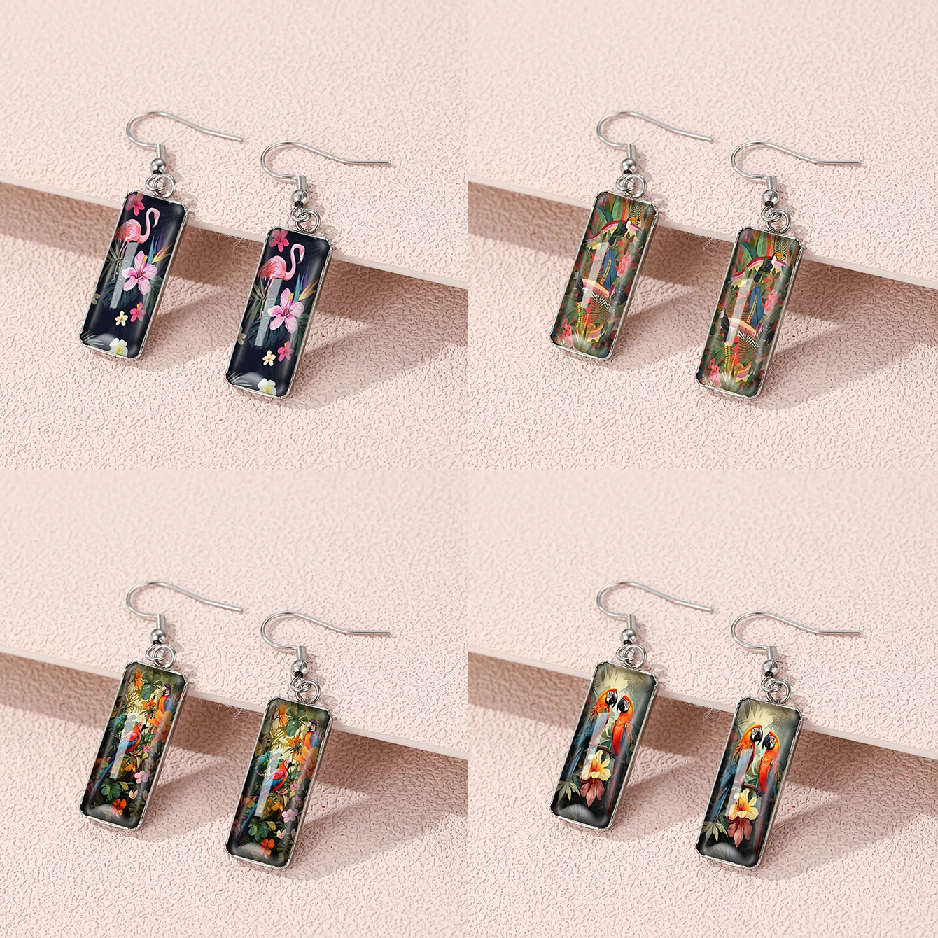 Flamingo Parrot Animal Pattern Stainless Steel Rectangle Hook Dangle Drop Earrings Glass Cabochon Ear Jewelry