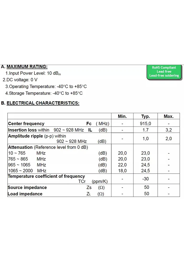 RF Filter 915 MHz Bandpass Filter BPF 915 (910-930) MHz