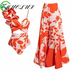 MUOLUX 2024 Women's Swimsuit Summer New Style Ruffle Print One-piece Swimwear Vacation Set Bikini Long Skirt Two Piece Set
