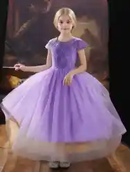 Summer children's girls' dress dress Hollow lace embroidery patchwork pongee double skirt Elegant elegant purple princess dress