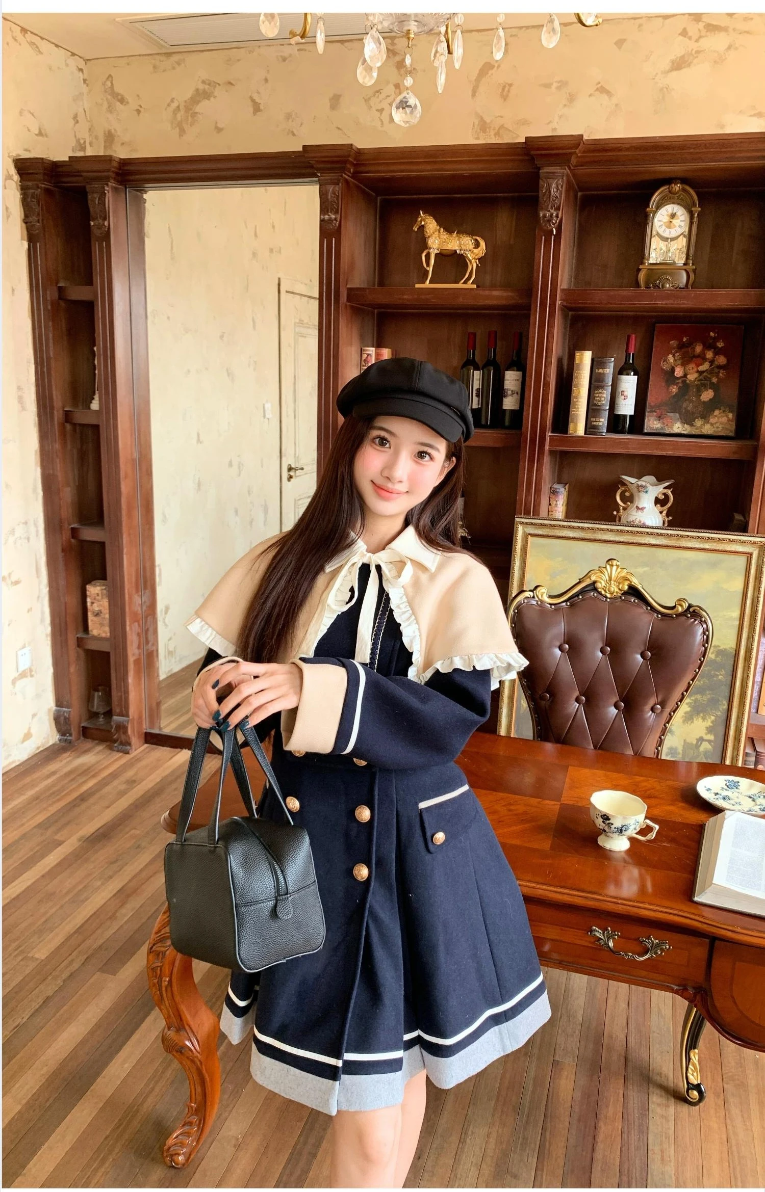 Japoński płaszcz wełniany w stylu college dla kobiet, średniej długości płaszcz wełniany na jesień i zimę, kurtki damskie.