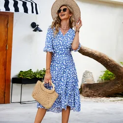 Women's Sexy V Neck Split Floral Print Long Dress Summer Ruffles Sleeve Casual Boho Beach Dress Elegant Wrap Midi Sundress