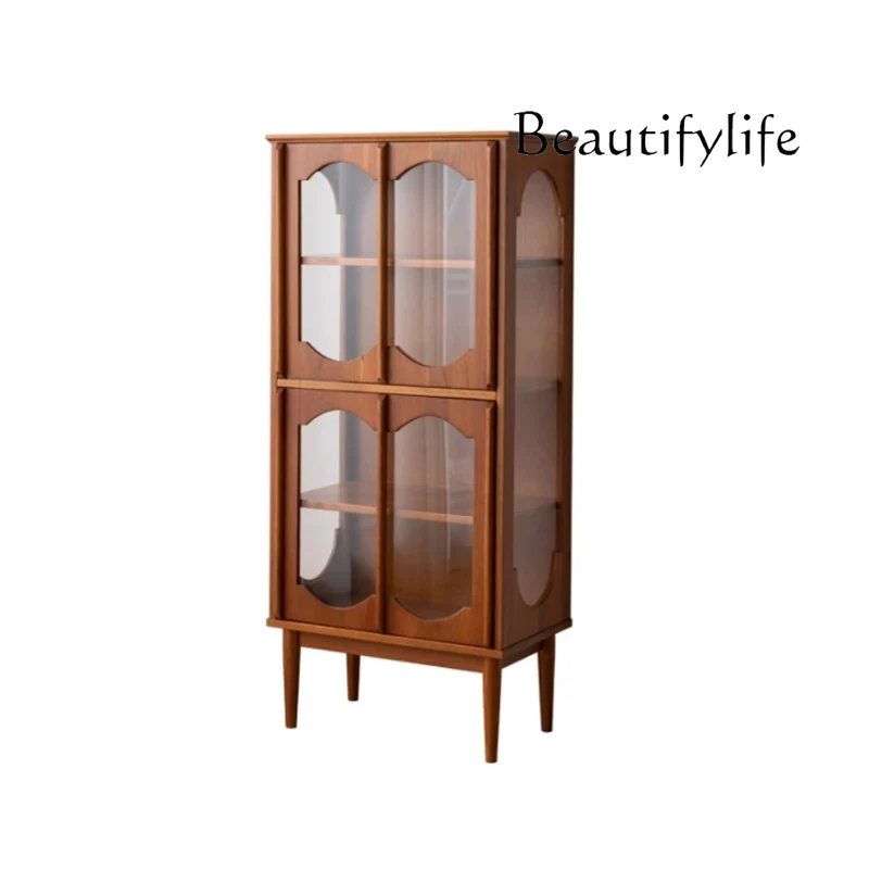 Nordic Retro Solid Wood Display Cabinet Vintage Color Glass Wine Cabinet Storage Side Cabinet for Middle-Ancient Living Room