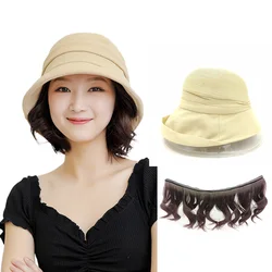 Fashionable Bucket  Straw Hat with Hair for Women,Short Wavy Detachable Fake Hat Wigs for Summer,Women's Cap Wig