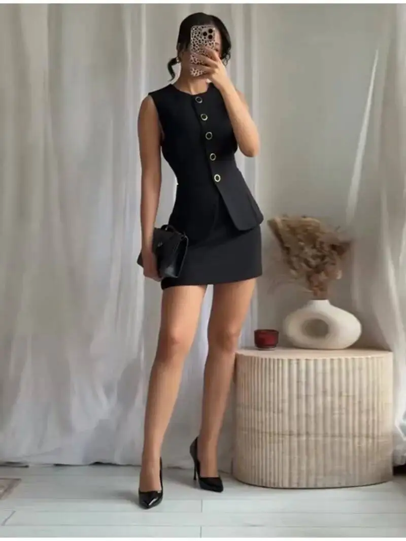 Damska sukienka mini na lato z paskiem, dopasowana, bez rękawów, z dekoltem typu O, spódnica przed kolano, zestaw w stylu vintage, imitacja dwóch części, model 10IX