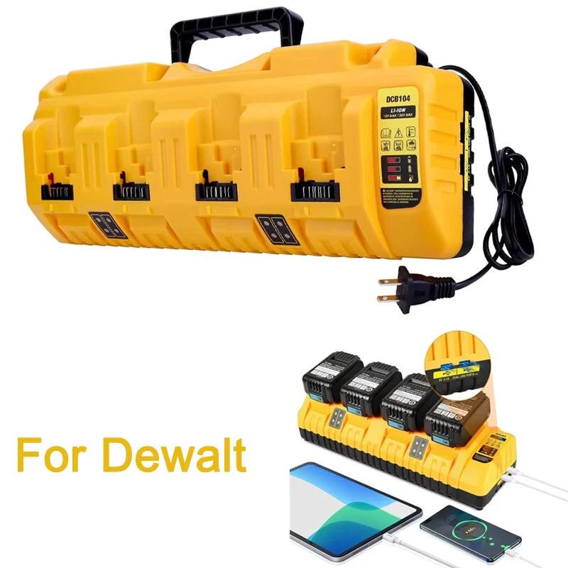 2A Charging Current Li-ion Battery Charger For Dewalt 10.8V 14.4V 18V 20V DCB200 DCB140 4 Port Rapid Charger With Dual USB