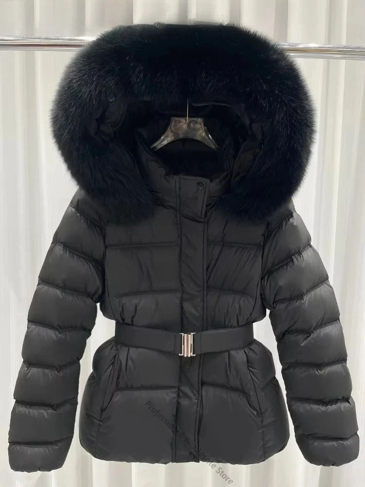 Women Winter Puffer Coat Fur Hood Belted Waist Zipper Closure Silhouette Fashion Outerwear for Cold Weather Everyday Urban Wear