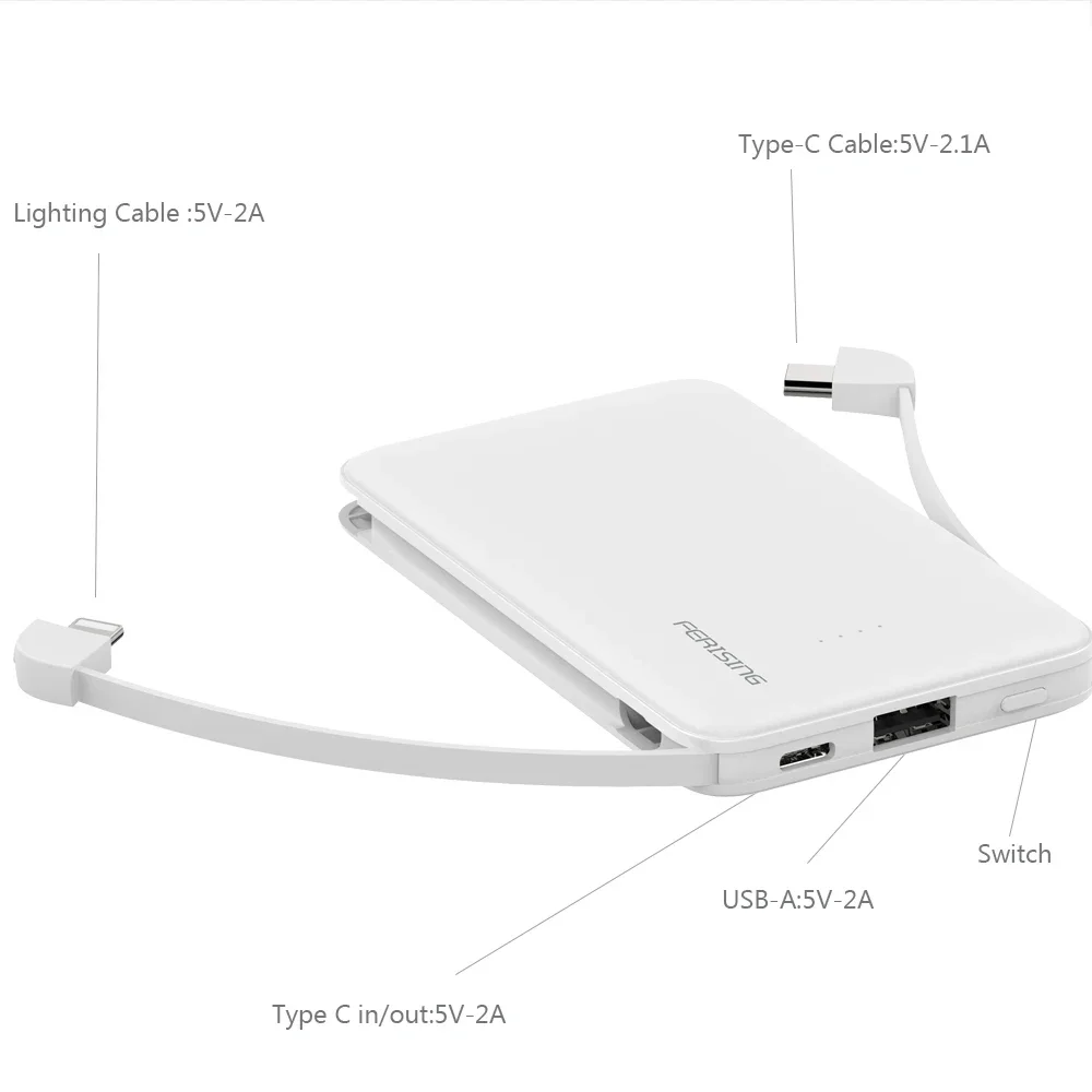 FERISING Built-in Cable Power Bank 5000mAh Type C Mini Portable Charger PowerBank External Battery Charge For Oneplus Pover bank