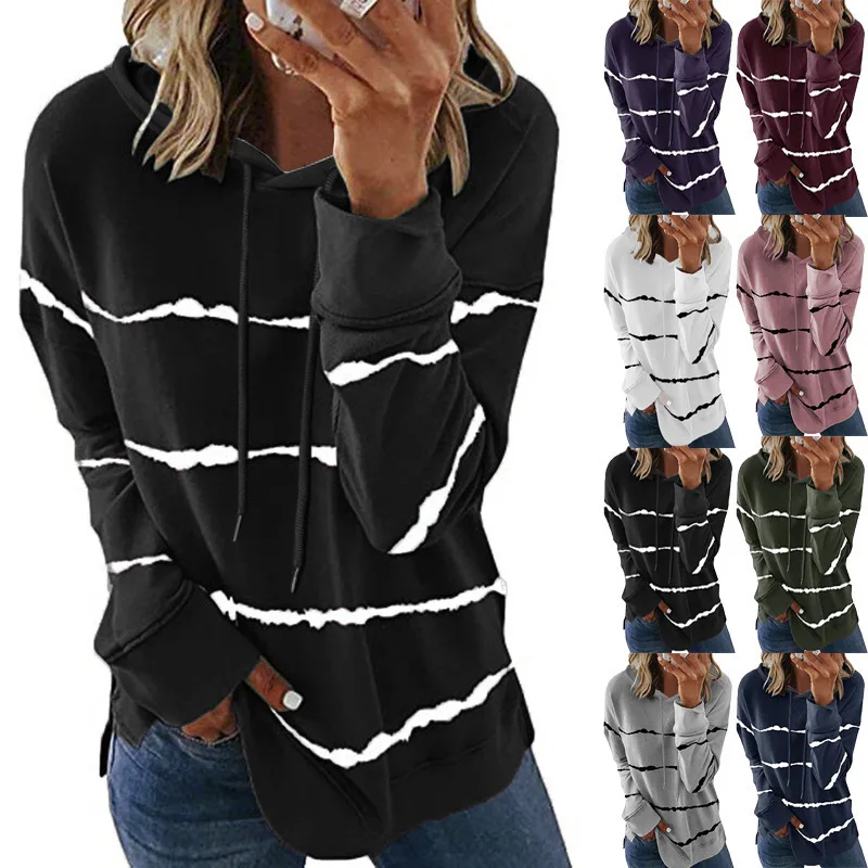 Women Loose Striped Hoodie Coats Spring Autumn Female Long Sleeve Pullover Sweatshirt YSY2023