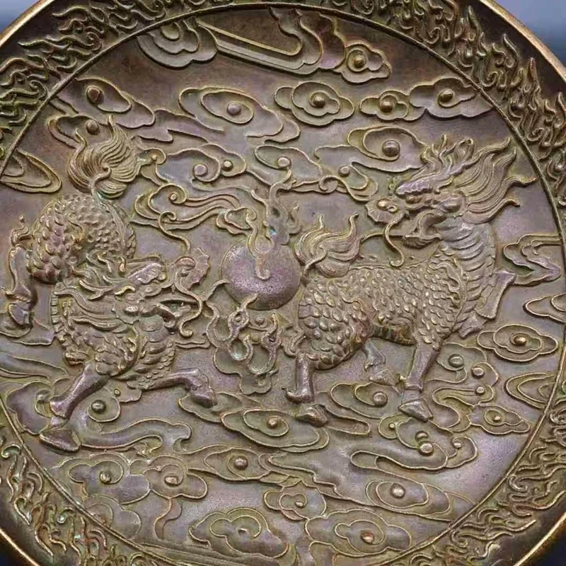 Antique Bronzeware, Vintage Pure , Treasure Grabber, Copper Plate, Large Qilin Relief Ornament