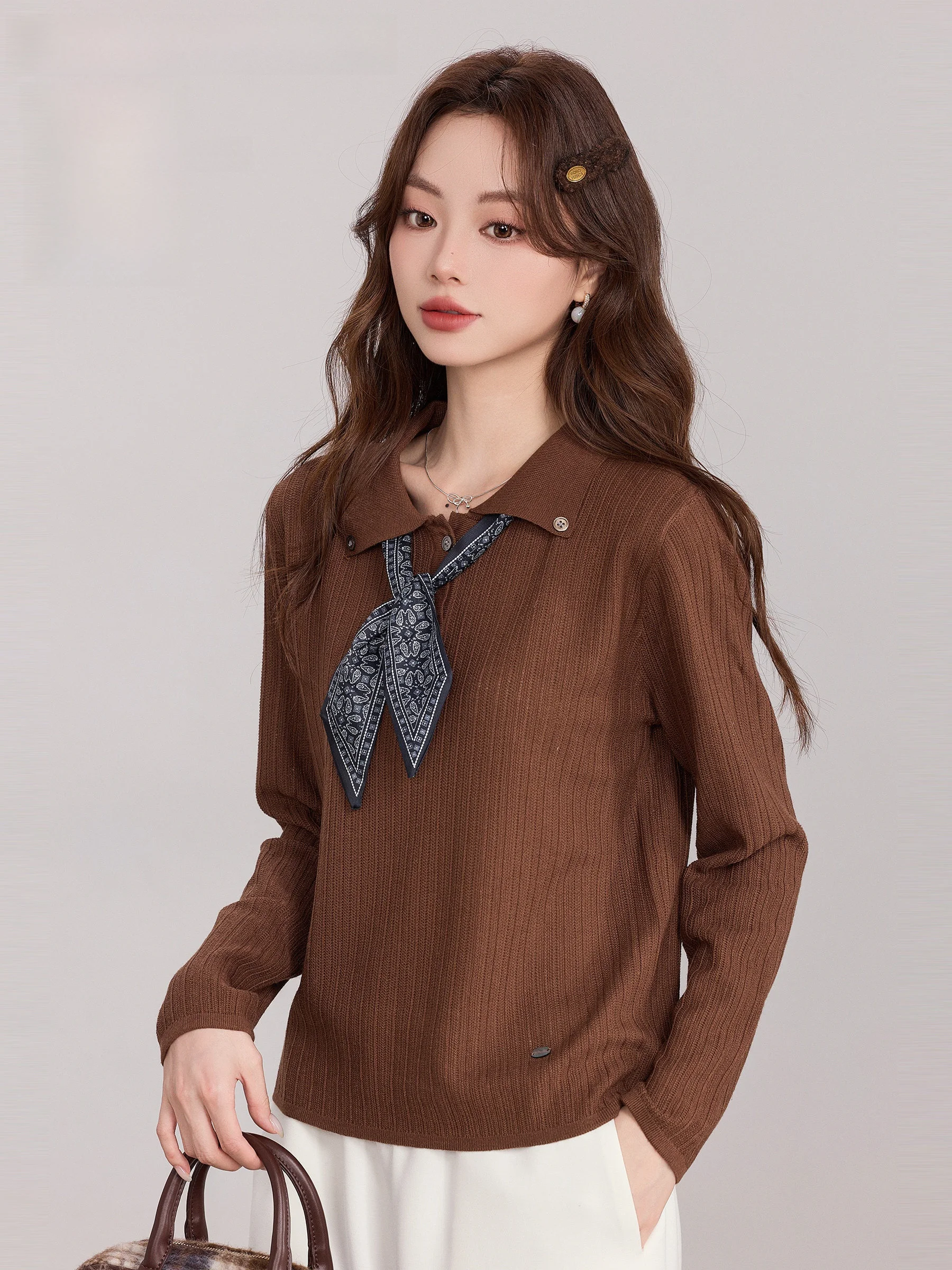 

Retro Long Sve Knitted Sweater for Women with Scarf by Lingjiu Brown Pattern Loose Fit Autumn Winter New Sle Slimming Top