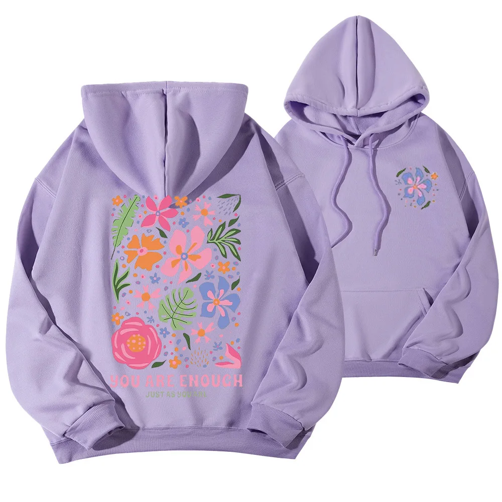 You are beautiful enough, floral pattern printed women's hoodie, fashionable multi-color casual street style, Harajuku soft hood